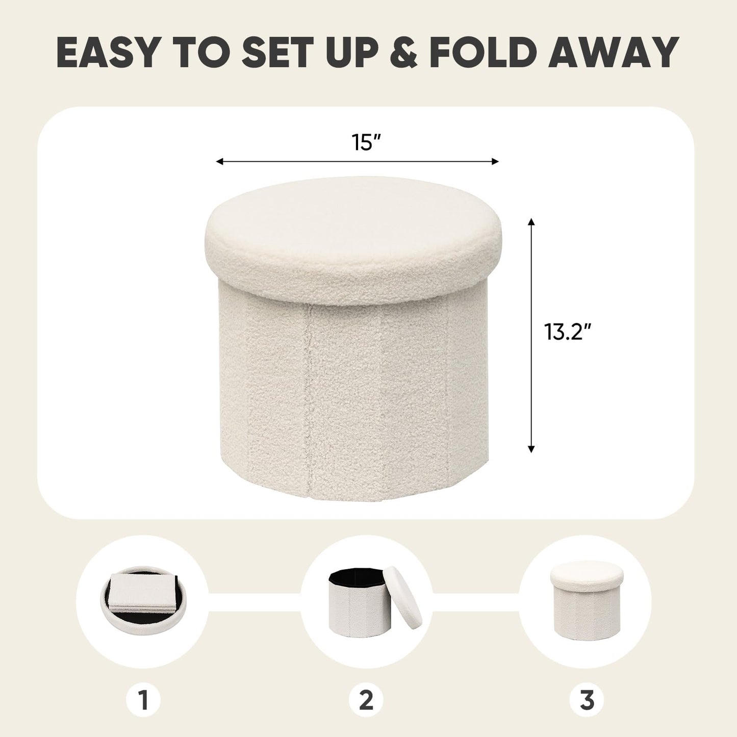 PINPLUS Round Storage Ottoman Cube Footrest - Versatile Boucle & Faux Teddy Fur with Hidden Compartment for Living Room, Dorm, Bedroom White, 15"x15"x13.2"