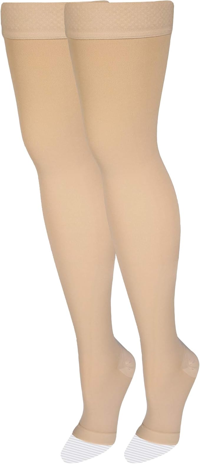 Amazon Basic Care Medical Compression Stockings, 20-30 mmHg Support, Women & Men Thigh Length Hose, Open Toe, Beige, Small (Previously NuVein)
