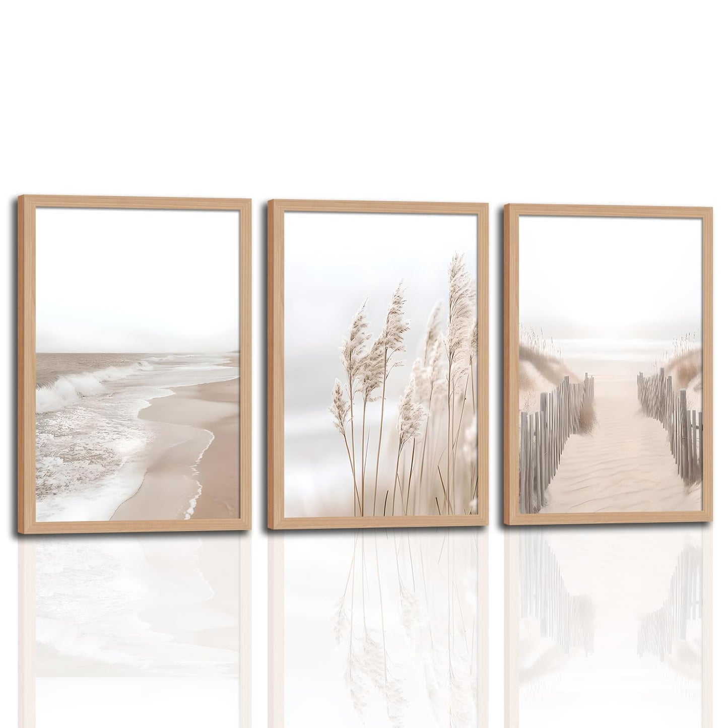 skysoon 3 Piece Neutral Beach Wall Art with Solid Wood Frame, Pampas Grass Boho Coastal Ocean Prints, Natural Wilderness Seascape Painting Set 12x16 Inch