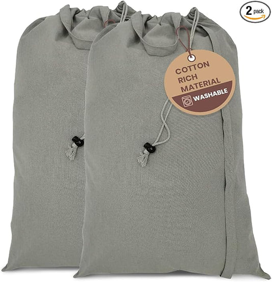 LFH Home Cotton Canvas Large Laundry Bag with Handle, Heavy Duty Drawstring Closure Washable Laundry Bags, School Travel, Home, Hotel, College Dorm, Organizer Sack, Toys Clothes 20x30 (Pack of 2)-Grey