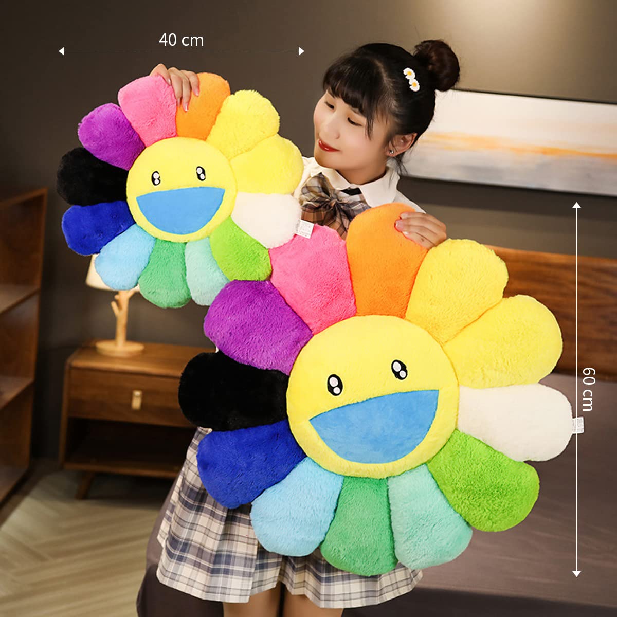 FIONOUT Cute Smile Face Flower Pillow - Soft Fluffy Sunflower Plush Pillow for Girls, Cozy Floor Cushion & Bedroom Decor Gift for Chair/Couch/Car