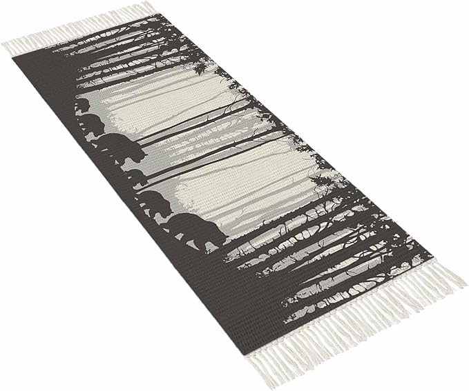 Rustic Bear Kitchen Hallway Runner Rug 2X5 Ft Carpet, Washable Woven Forest Animal Rustic Cabin Throw Carpet with Tassel, Non-Shedding Farmhouse Vintage Nature Scenery Art Entryway Laundry Rugs