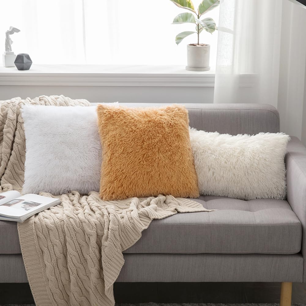 MIULEE Pack of 2 Decoration Luxury Faux Fur Throw Pillow Covers Spring Cute Deluxe Spring Decorative Plush Pillow Case Cushion Cover Shell for Sofa Bedroom Car 18x18 Inch White