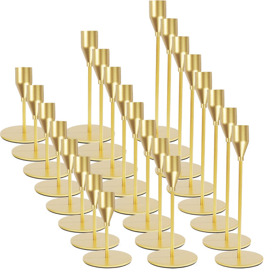 Matte Gold Candle Holders Bulk Painted Gold Metal Candlesticks Fit 0.8 Inch Taper Candles Decorative Metal Candelabra for Wedding Home Holiday Anniversary Party Dinning Table Decors (Set of 24)