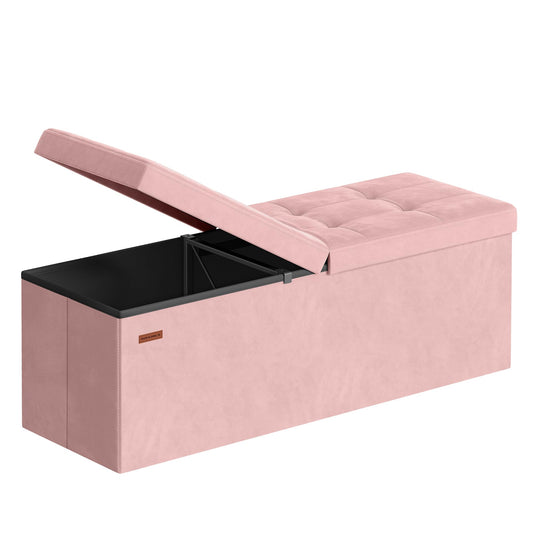 SONGMICS Mazie Collection - 43 Inches Storage Ottoman, Foldable Storage Bench with Flipping Lid, 660 lb Load Capacity, for Entryway, Living Room, Bedroom, Velvet Fabric, Jelly Pink ULSF078SA01