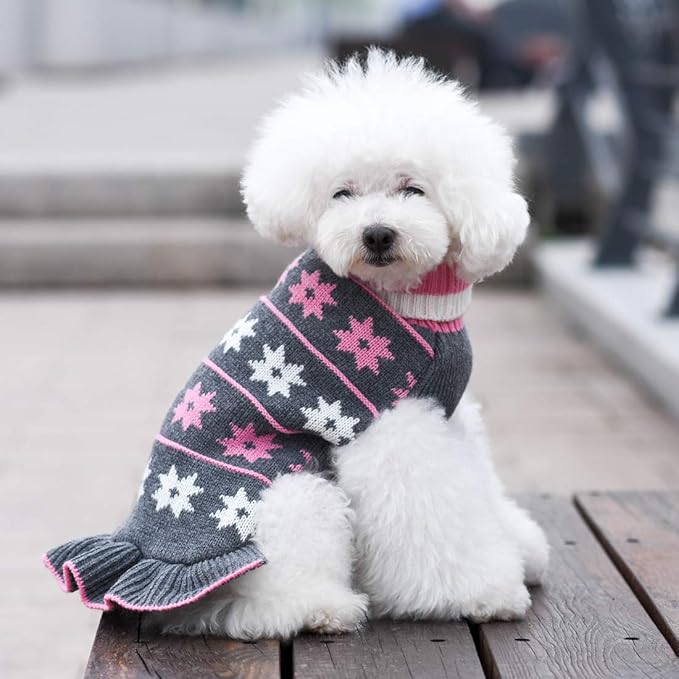 KYEESE Dog Sweater for Medium Dogs Fall Winter Dogs Clothes Warm Pet Coats with Leash Hole Knit Pet Sweater for Girl Turtleneck Pullover Dog Sweater Dress with Snow Flake Pattern, Girl Grey, XX-Large