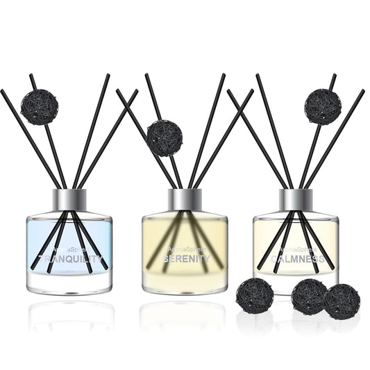Reed Diffuser Set of 3 | Aromatherapy Fragrance Oil | 12 Sticks and 6 Rattan Balls, 3 x 50ML | Home, Office, Bathroom, Bedroom Essentials (Eucalyptus, Jasmine, Lemongrass, Sky Blue)
