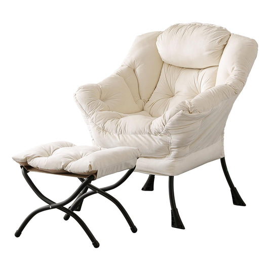 LITA Lazy Chair with Ottoman, Modern Accent Leisure Upholstered Sofa Chair, Contemporary Lounge Reading Chairs with Armrests and a Side Pocket for Living Room, Bedroom & Small Space, Beige