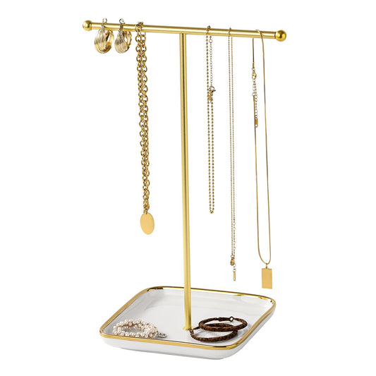 Leijosya modern T-shaped jewelry rack, jewelry tower, gold metal, square ceramic base decoration display tower, necklace, bracelet, ring storage rack (1-layer ceramic disc)