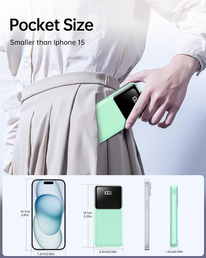 Portable Charger with Built in Cable - Power Bank Fast Charging USB C LED Display 10000mah Battery Pack 5 Outputs & 3 Inputs for Travel Essentials iPhone Samsung Android Phones Tablets Cyan