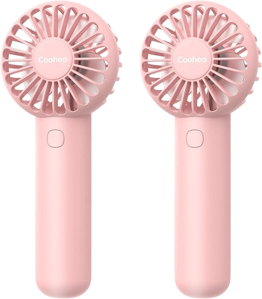 Coohea 2-Pack Pink Handheld Fan, Small Cute Design, 3 Powerful Speeds, Operated by USB/Rechargeable Battery, Portable Personal Fan with Base & Lanyard, for Eyelash Makeup Travel Beach Office Desk
