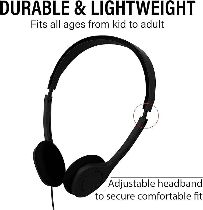 Maeline Bulk Classroom Student Headphones On Ear Stereo Headphones Flexible Adjustable Band for Kids Online Learning, Library, School, Airplane, Travel - 3.5mm Plug - 40 Pack - Black