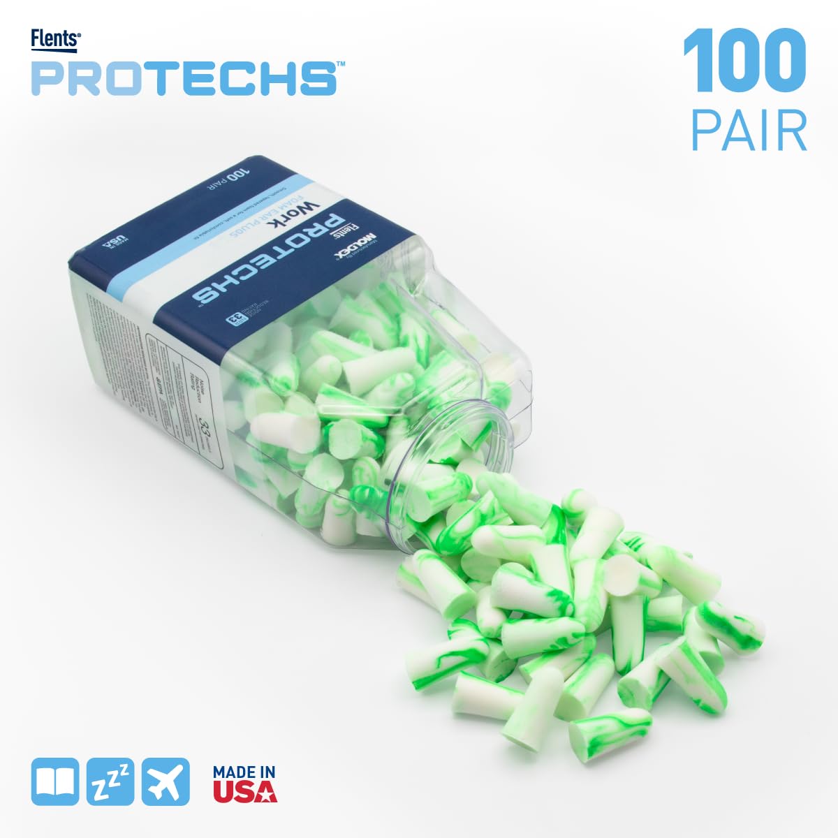 Flents Protechs Foam Ear Plugs for Work, Loud Noise, Heavy Machinery, Construction, Studying & Traveling, NRR 33, Green, Made in The USA, 100 Pair