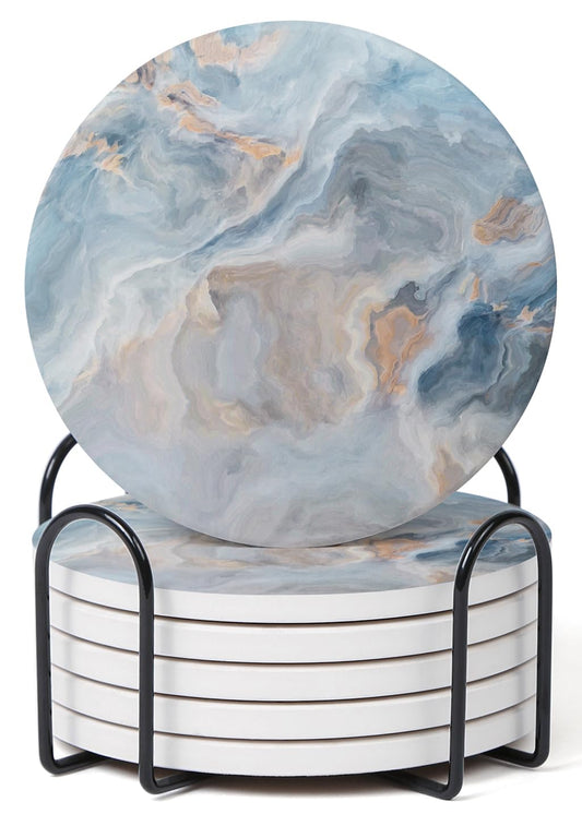 Hoomey Set of 6 Abstract Blue Marble Coasters with Holder, Absorbent Ceramic Coasters for Drinks, Coasters with Cork Backing for Table Protection, Housewarming Gifts for New Home