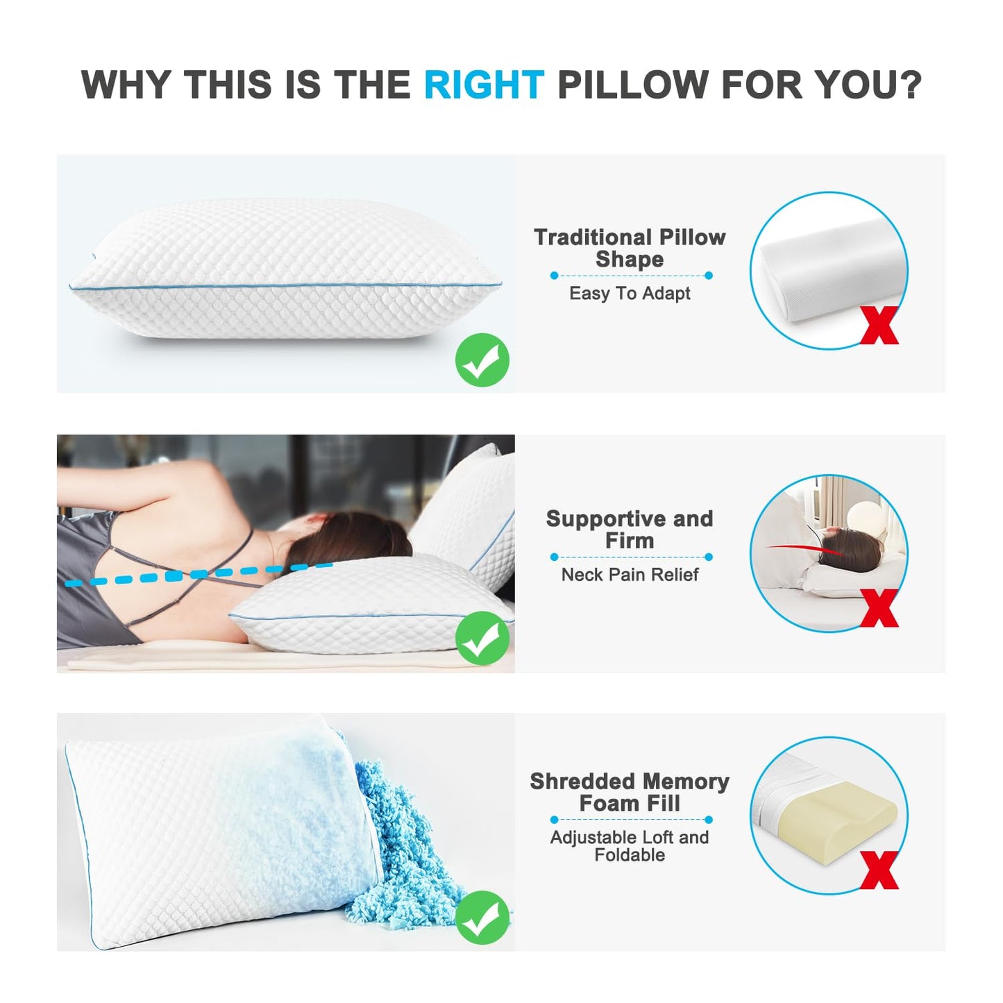 VVZ Cooling Bed Pillows Standard Size Set of 2,Shredded Memory Foam Pillows with Gel, Adjustable Firmness for Side, Back, Stomach Sleepers, 20x26, White