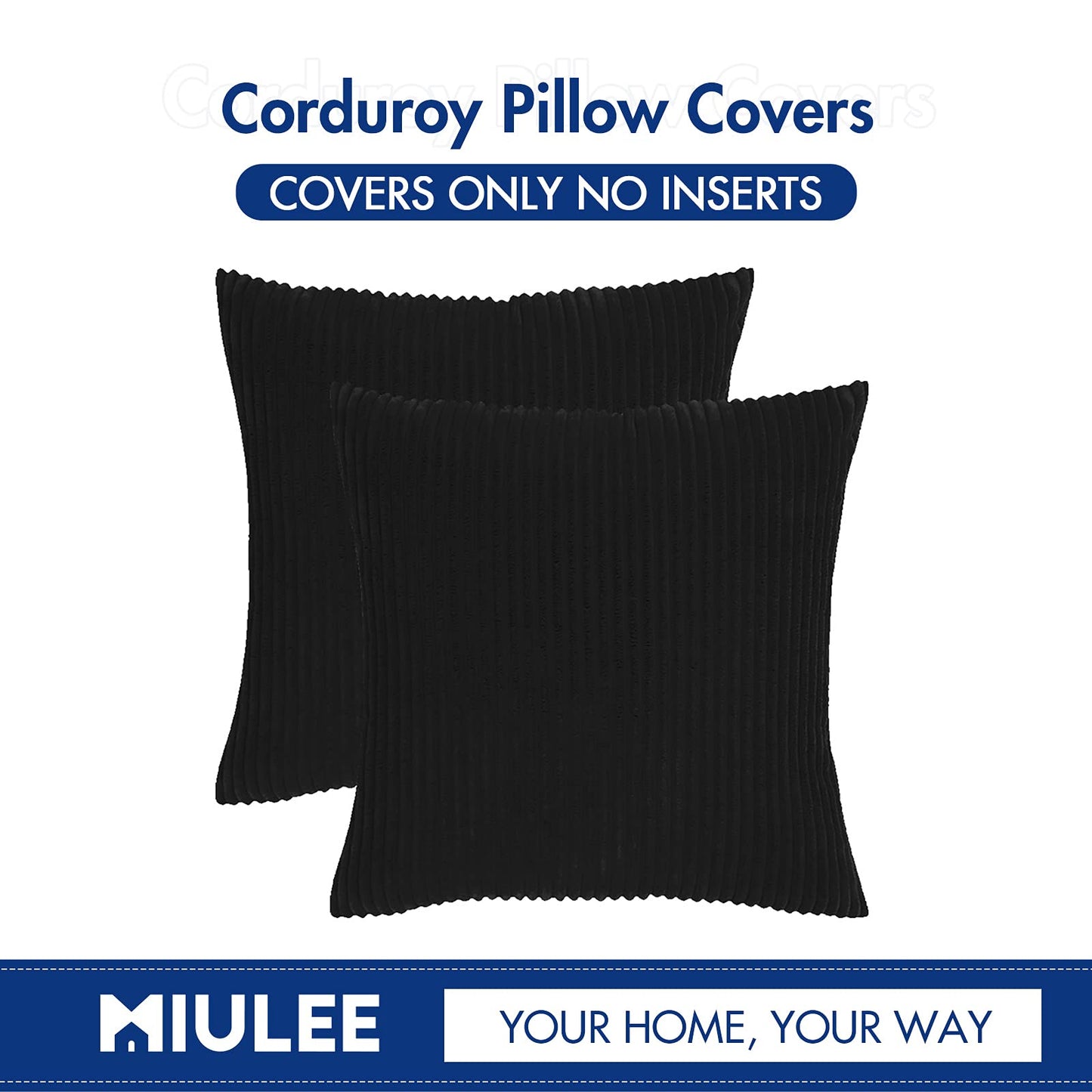 MIULEE Decorative Corduroy Pillow Covers Soft Solid Pack of 2 Cushion Cases Boho Square Throw Pillow Covers Black Modern Pillowcases for Couch Chair Sofa Bed Living Room Home Decor 18 x 18 Inch