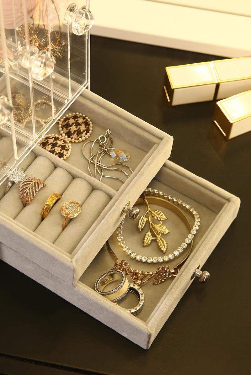 Sooyee Acrylic Earring Holder and Jewelry Organizer with 5 Drawers, Dustproof Jewelry Stand Rack Display for Necklaces Bracelet Earrings and Ring, Clear