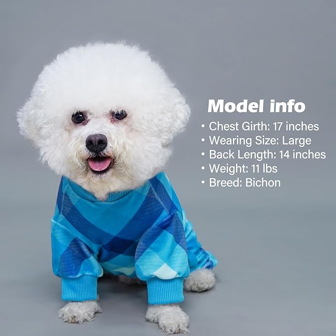 KYEESE Dog Pajamas Comfy Pet Clothes Lightweight Pjs Velvet Doggie Jammies Plaid Dog Pajamas for Small Dogs Boy Girl Soft Coat Stretchy Onesie,Blue, Large