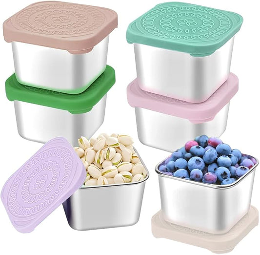 HTEVW 6Pack Stainless Steel Snack Containers for Kids, Easy Open Leak Proof Metal Toddler Snack Containers with Silicone Lids, Stackable Metal Toddler Lunch Box for Daycare, School and Travel (6oz)