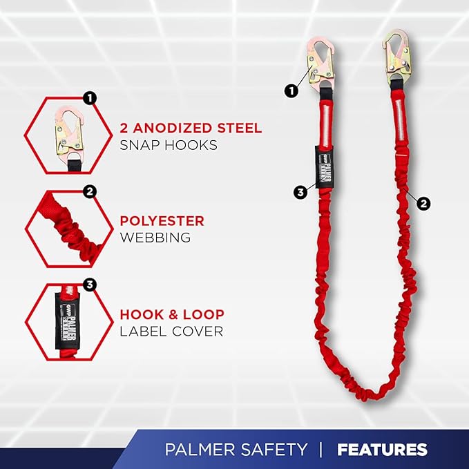 Palmer Safety ATERET L121133 2 Pack 6' Internal Shock Absorber Lanyard Single Leg w/ Snap Hook I OSHA/ANSI Compliant Restraint Lanyards I Ideal Use for Arborist, Roofer & Construction Workers