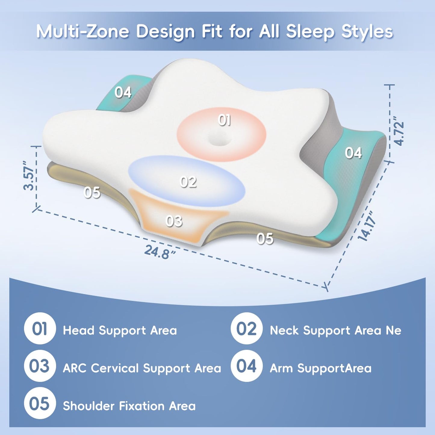 Missleep Cervical Neck Pillow, Memory Foam Pillows for Neck and Shoulder Pain Relief, 2 Heights Ergonomic Pillow with Breathable Ice Silk Cover, Neck Support Pillow for Side Sleepers White