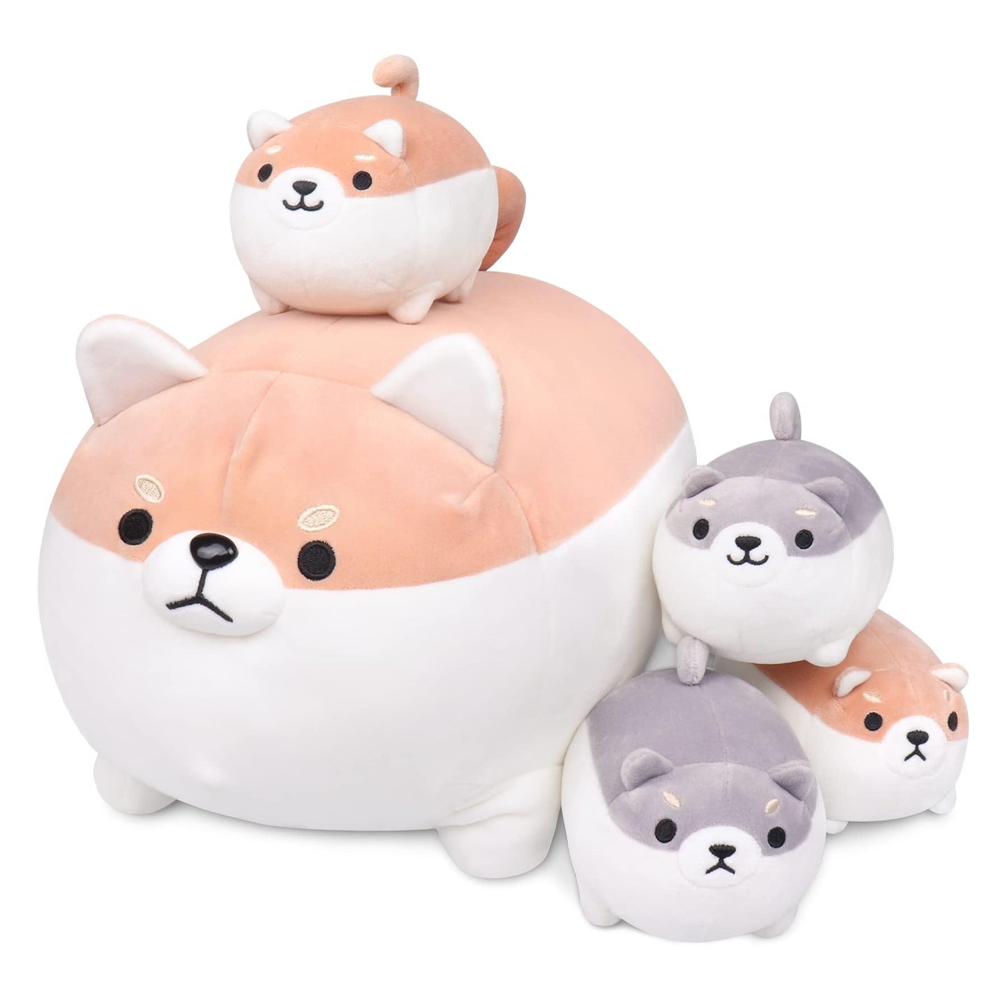 Shiba Inu Plush, 5 PCS Shiba Inu Stuffed Animal Family, 16" Corgi Plushie Cute Soft Plushies Pillow Toy Anime Kawaii Plush Soft Corgi Pillow,Dog Mommy with 4 Puppies Toy Gifts for Boys Girls