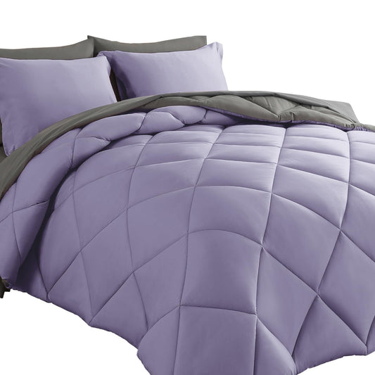 Cosybay Bed in a Bag Queen Reversible Comforter Sets 7pcs All Season Down Alternative Bedding Sets Lavender and Grey with Comforter, Pillow Shams, Flat Sheet, Fitted Sheet and Pillowcase