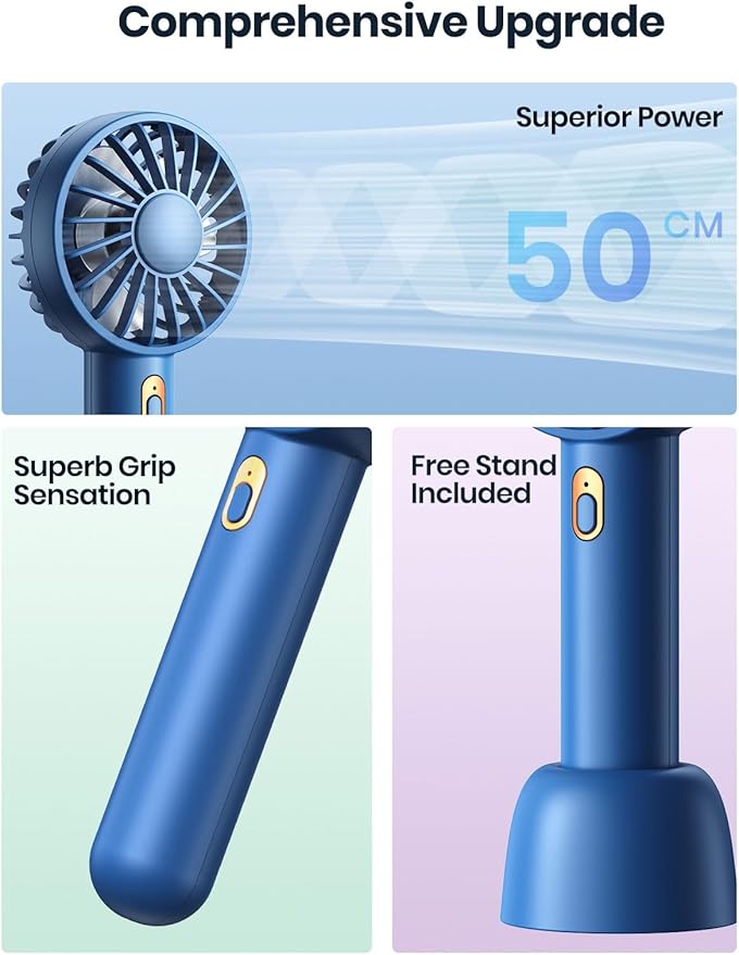 Warmco Mini Portable Fan 2-Pack - 3 Speed Rechargeable Handheld & Desk Fan with Base, Compact Cooling for Travel, Makeup, Summer Gift (Blue & Pink)