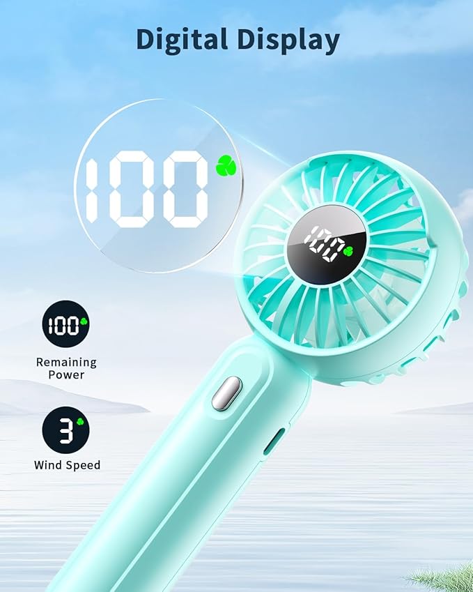 Handheld Fan with 𝗪𝗶𝗿𝗲𝗹𝗲𝘀𝘀 Charging Base, 3 Speeds Portable Fan with Digital Display, 2000mAh Battery Operated Hand Held Fan, Handheld/Desk 2 in 1 Personal Fan Lash Fan Makeup Fan (Blue)