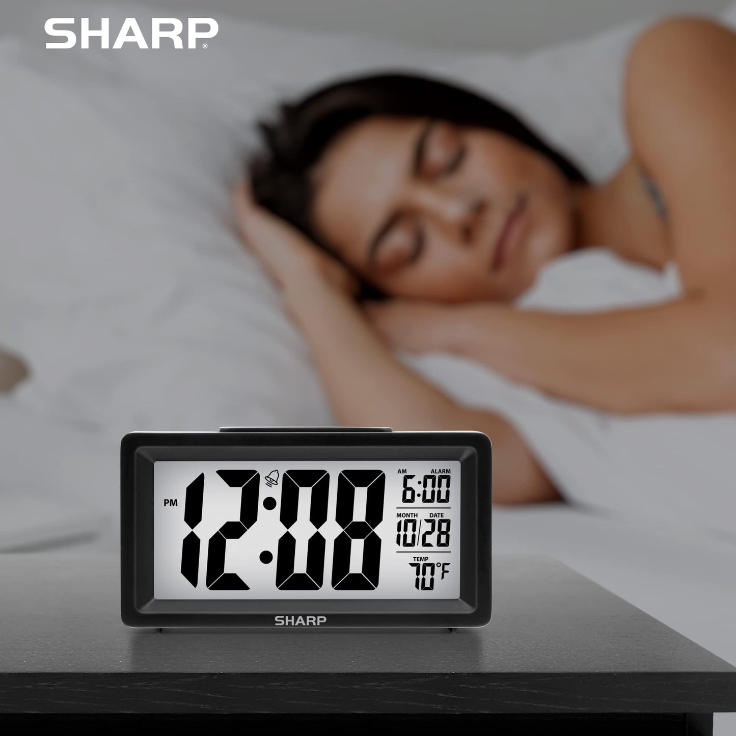 SHARP Alarm Clock with Indoor Temperature, Nightlight, Calendar, Battery Operated Digital Small Clock for Bedrooms or Travel, Black (SPC5025AMZ)