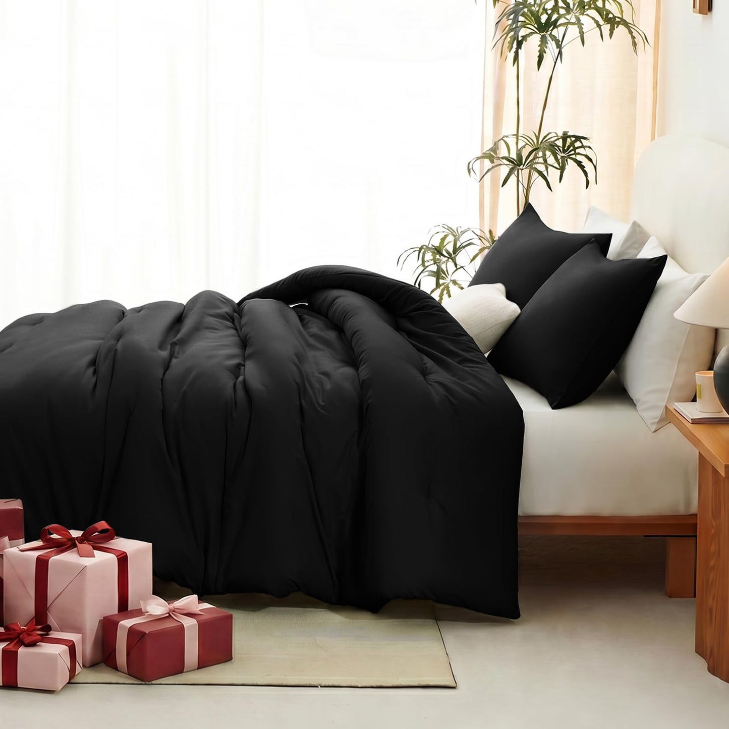 CozyLux Queen Comforter Set Black, 3 Pieces Lightweight Comforters Queen Size Quilted Bedding Sets, All Season Breathable Solid Down Alternative Comforter with 2 Pillowcases, Soft Bed Set for Home