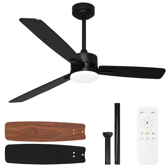 hykolity 52 Inch Ceiling Fan with Light and Remote Control, 3CCT Dimmable LED Light, Downrod & Flush Mount, Quiet DC Motor, Modern Black Ceiling Fans for Bedroom Living Room Indoor