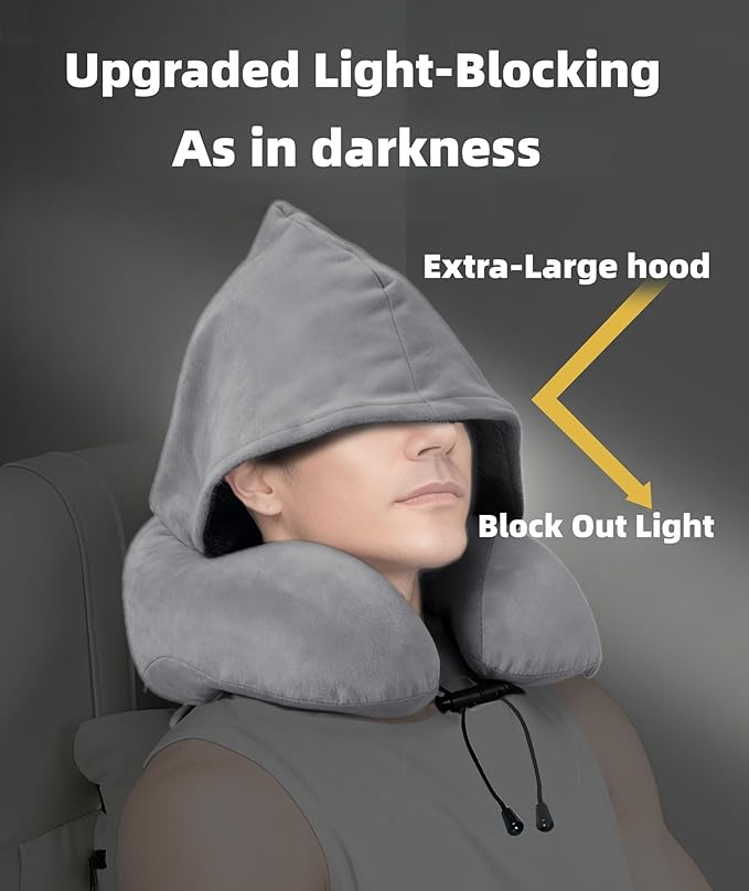 Travel Neck Pillow with Extra Large Hood Rollable Airplant Hooded Neck Pillow with Memory Foam Filling and Removable, Skin-Friendly Cover with a Carrying Pouch
