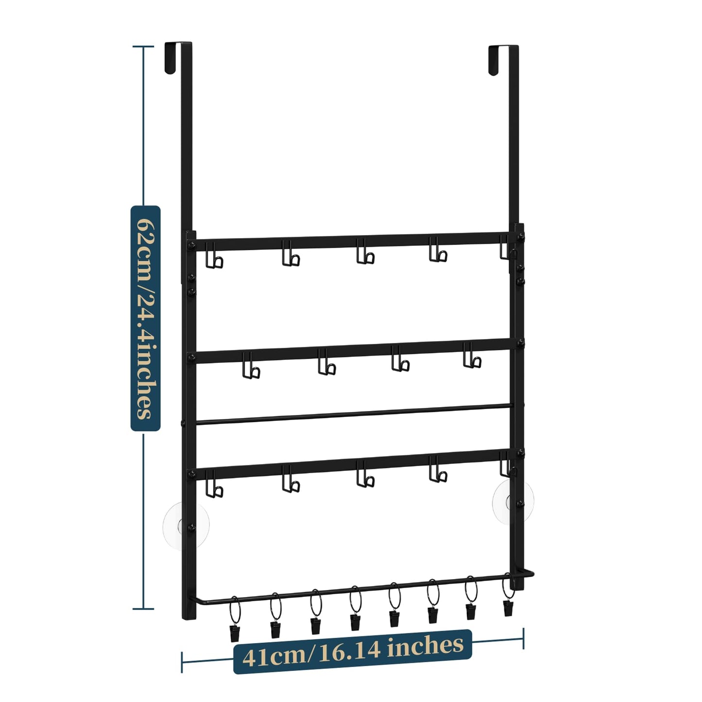 Consumest Over The Door Organizer - 4 Tier Door Hanger Hooks for Hanging Clothing, 24 Inches Long Coat Hanger for Bedroom, Bathroom, Laundry or Dorm Room, Black
