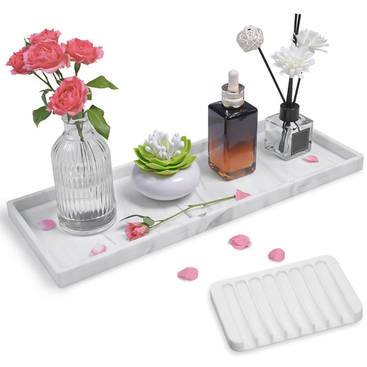 Bloss Bathroom Counter Marble Tray and Soap Holder - 15.7x5.9 inch Silicone Bathroom Vanity Trays, Marble Tray for Kitchen Counter, Toilet Tank Tray,Trays for Perfume, Jewelry,Candle, Key