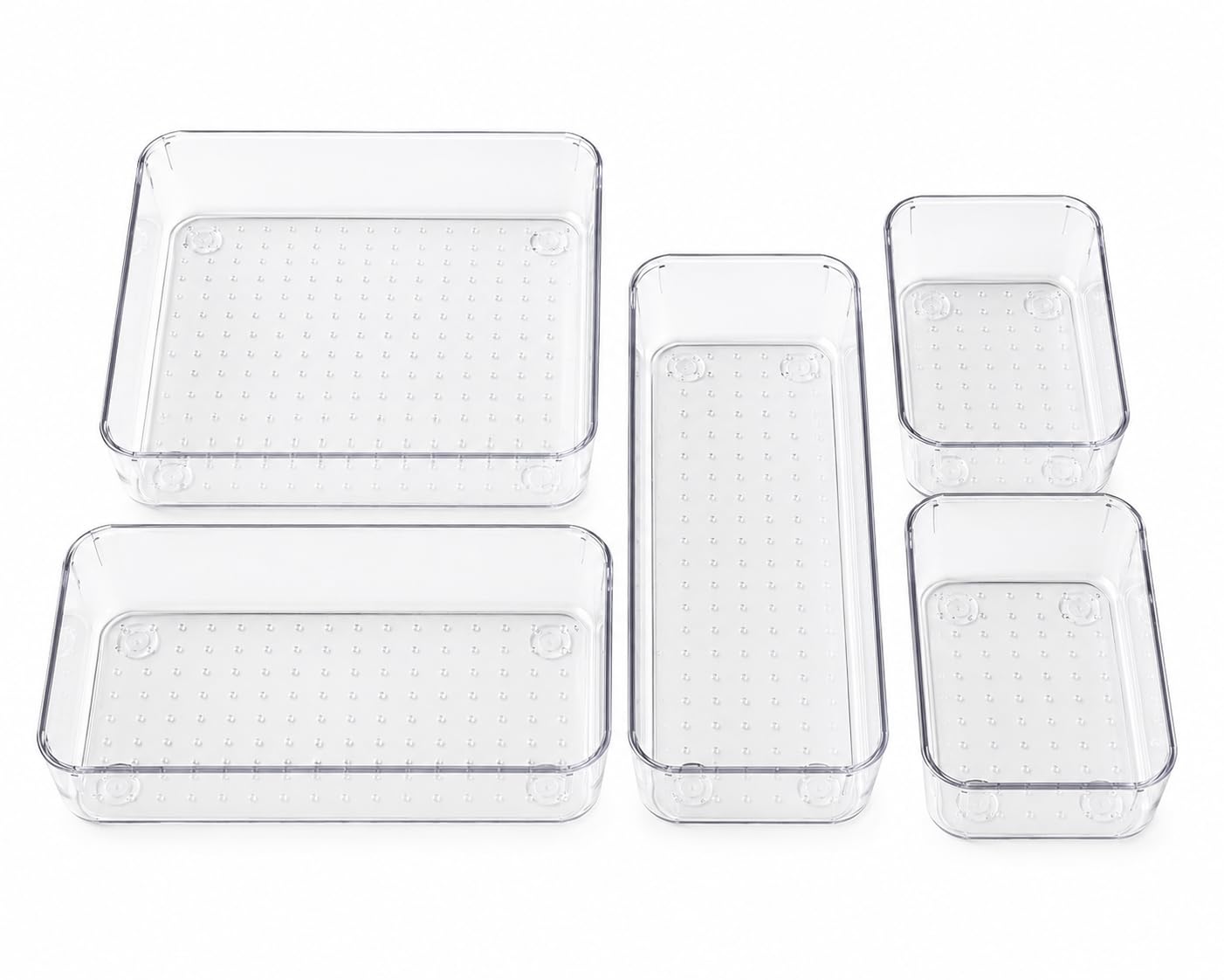 StillHaven Clear Drawer Organizer Set, 5-Piece Plastic Drawer Organizers, Multi-Size Bathroom Vanity Storage Trays for Makeup, Skincare, Kitchen, Office and Home Organization