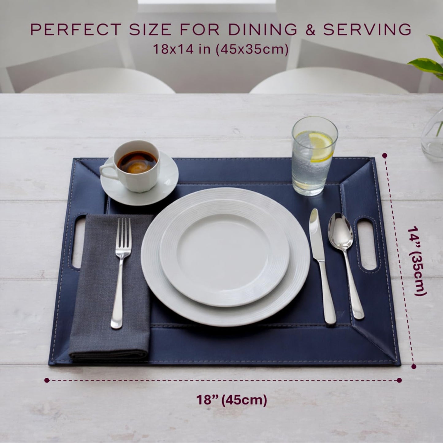 FREEFORM PLACEsMAT 2-in-1 Faux Leather Placemat & Serving Tray | Reversible Design, Lays Flat & Easy to Clean | Ottoman Food Tray, Perfect Housewarming Gift, 18” x 14” (Blue & Taupe, Set of 4)