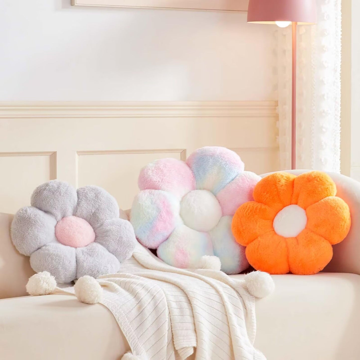 Kcvvcr Flower Pillow Cute Decorative Throw Pillow with Faux Rabbit Fur Soft Daisy Plush Floor Cushion Aesthetic Flower Shaped Pillow Home Decor for Bed Sofa Couch (Orange 17.7 Inch)