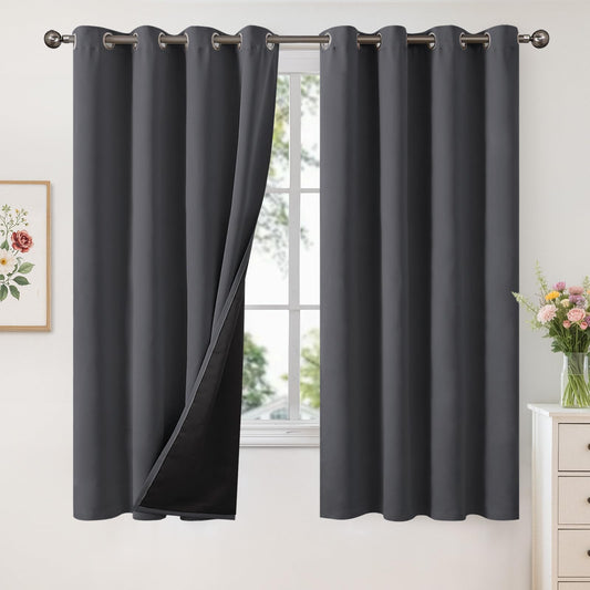 YoungsTex Insulated 100% Blackout Curtains for Bedroom, Thermal Black Out Drapes witrh Grommet Double Layer Energy Saving for Living Room, Dark Grey, 2 Panels, 52 X 63 Inch