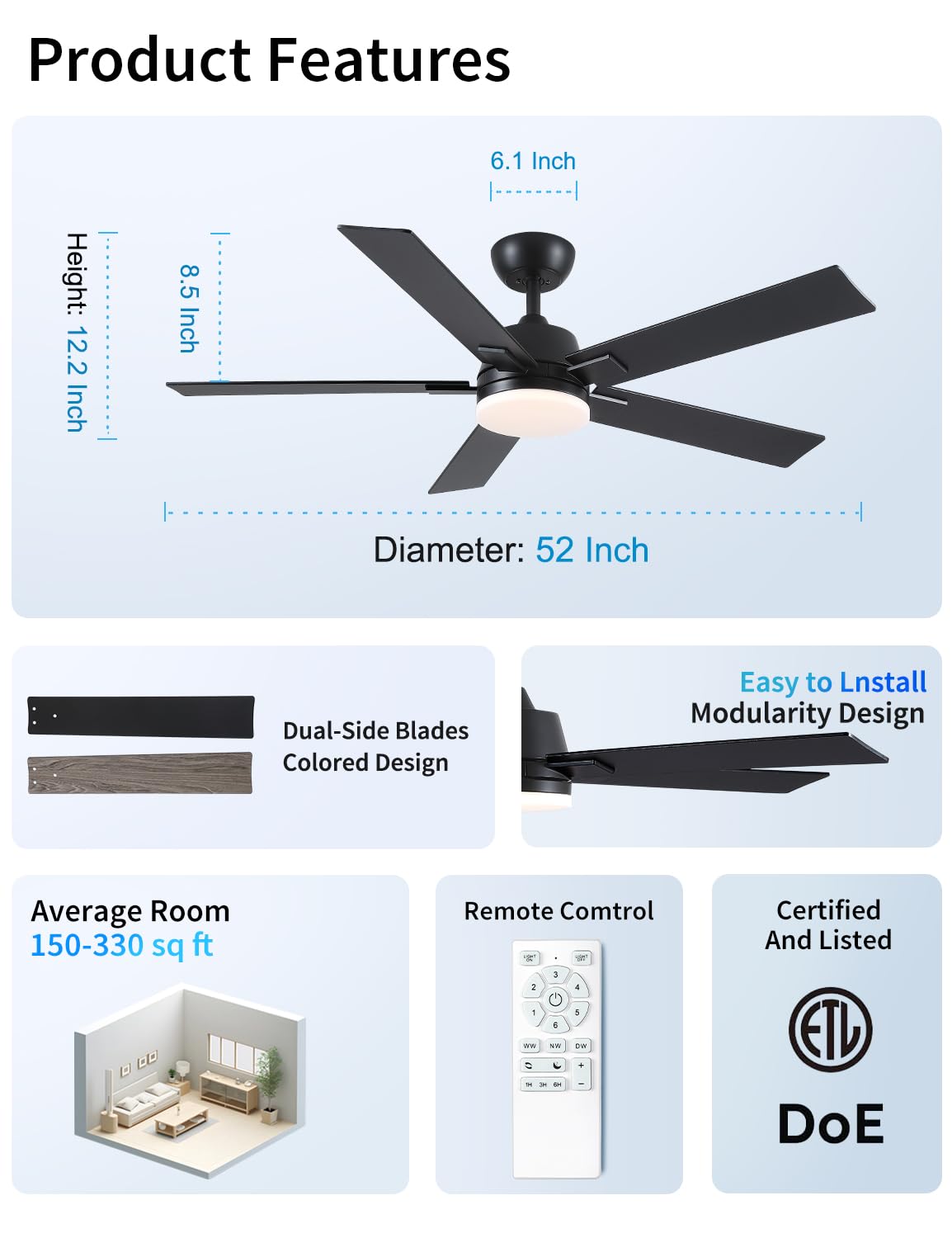 Rayqueen 52 Inch Ceiling Fans with Lights and Remote, 6 Speed Reversible DC Motor, 3CCT Dimmable LED, Black Modern Ceiling Fan for Bedroom, Living room & Covered Outdoor,Includes Downrod