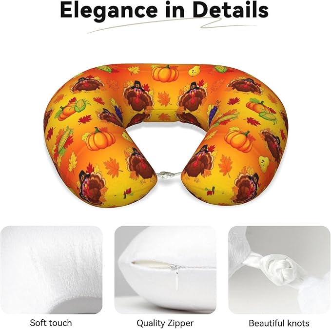 Neck Travel Pillow, Women Men Washable Airplane Car Pillows Thanksgiving Cute Turkey Pumpkin, Head Support Rest U Shaped Cushion Comfortable for Watching TV
