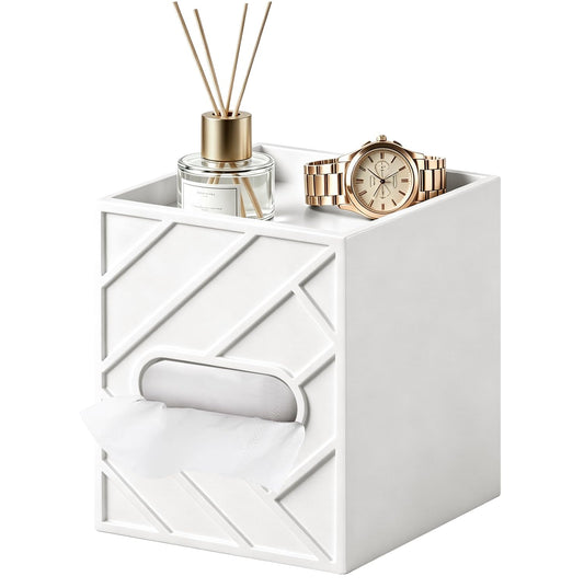 Militwo Aesthetic Tissue Box Cover with Top Tray, Modern Cube Wooden Facial Tissue Holder, Etched Geometric Design Napkin Dispenser for Bathroom, Nightstand, Vanity, Home Theatre