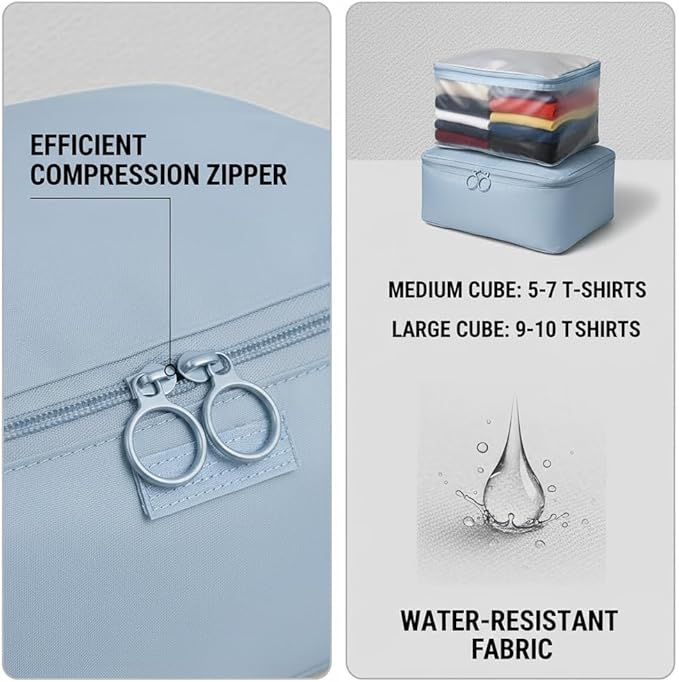 8-Piece Travel Compression Packing Cubes Set - Luggage Organizers for Suitcases - Space Saving Storage Bags for Clothes Travel Essentials (Light Blue)