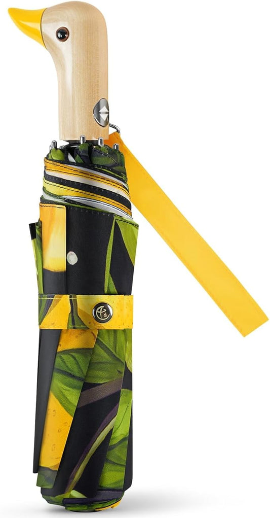 Cute Duck Umbrella Automatic - Compact Pretty Pocket Size Strong Duck Collapsible Umbrella Yellow Wooden Handle for Women
