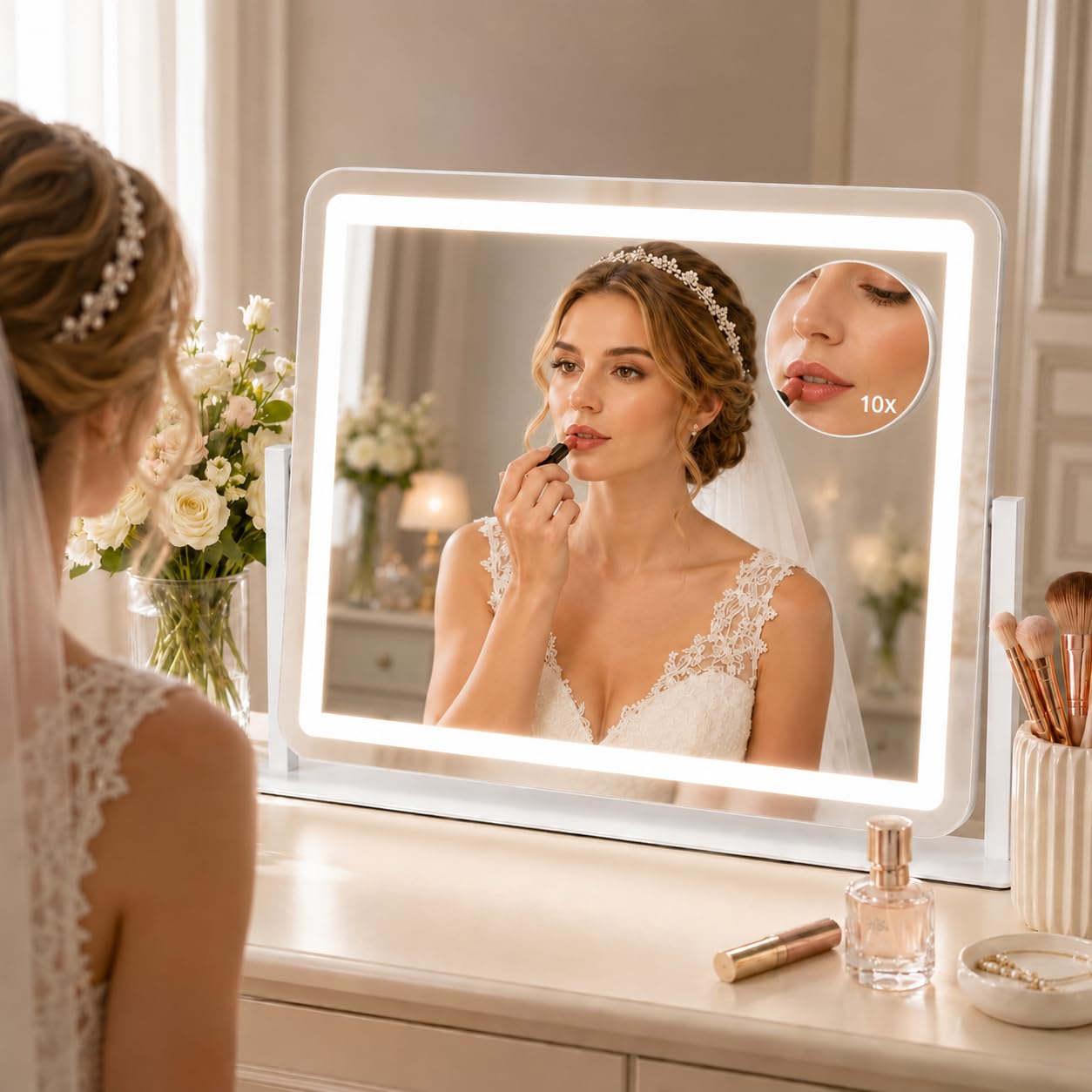 HNV 22"x17" Lighted Vanity Mirror, 3-Color Dimmable LED Makeup Mirror with Power Adapter, Sturdy Aluminum Frame 360° Rotating Desktop Mirror, White