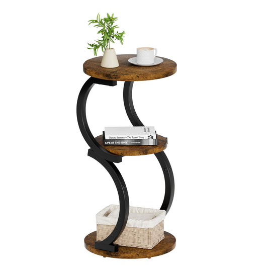Small Side Table, 3-Tier Round End Table for Living Room, S-Shaped Accent Table for Small Spaces Sofa Couch Bedroom, Vintage Nightstand Wood Metal Coffee Table with Storage Shelf, Rustic Brown