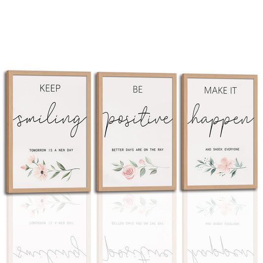 3Pcs Framed Inspirational Office Wall Art Decor Motivational Quotes Floral Canvas Prints Artwork for Office Walls Positive Affirmations Wall Decor for Home Study Room 12x16in