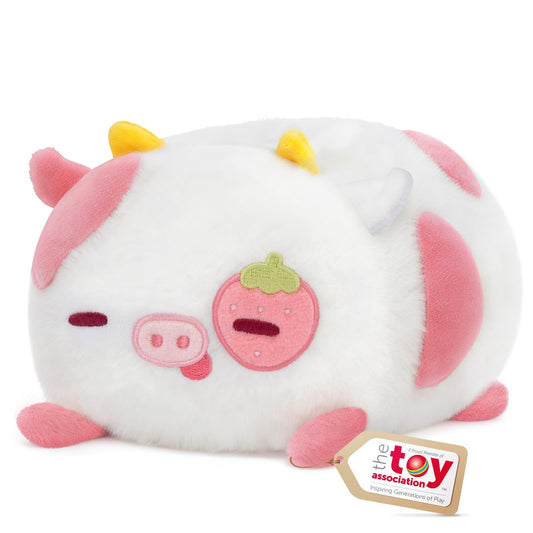 Mewaii Strawberry Cow Plush Pillow, Kawaii Cow Stuffed Animals, Cute Plushies for Girls, Soft Pink Cow Plush, Birthday Gifts for Kids Adults Teens (8 Inch)