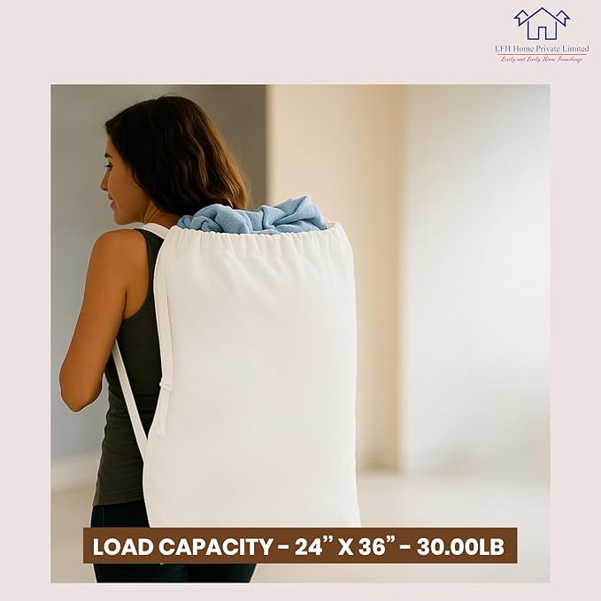 LFH Home Cotton Canvas Extra Large Laundry Bag with Handle, Stylish Drawstring Heavy Duty Laundry Bags For Travel, Home, Hotel, College Dorm and Camp Storage Bag 24x36 Inch, White, Thanks Giving