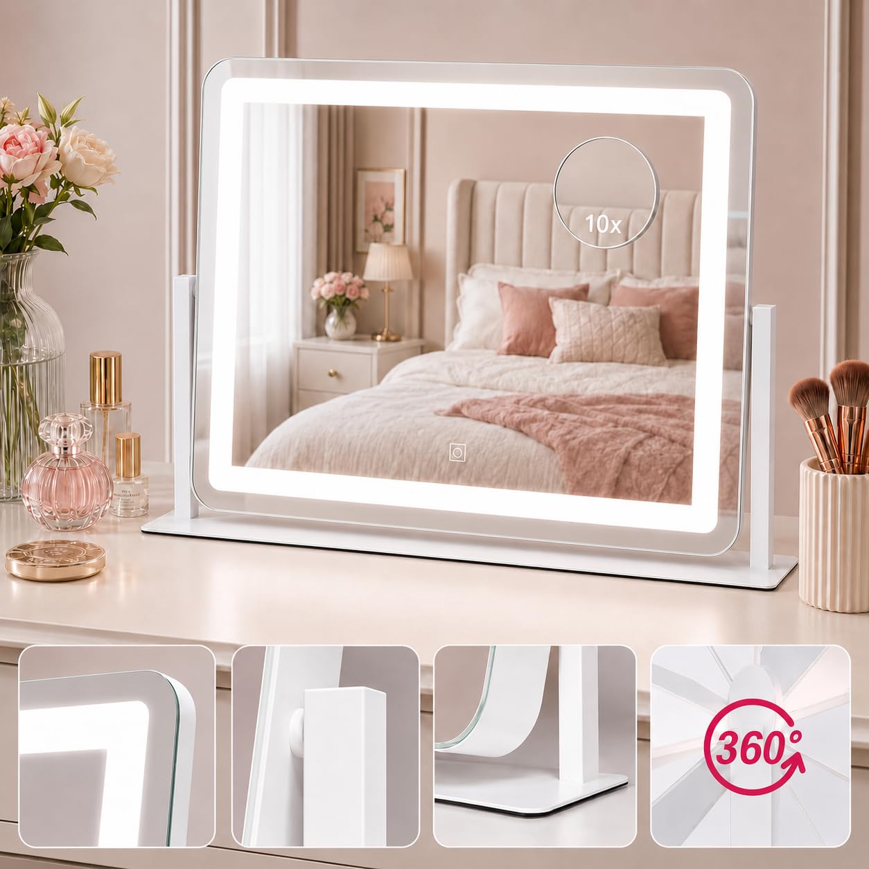 HNV 22"x17" Lighted Vanity Mirror, 3-Color Dimmable LED Makeup Mirror with Power Adapter, Sturdy Aluminum Frame 360° Rotating Desktop Mirror, White